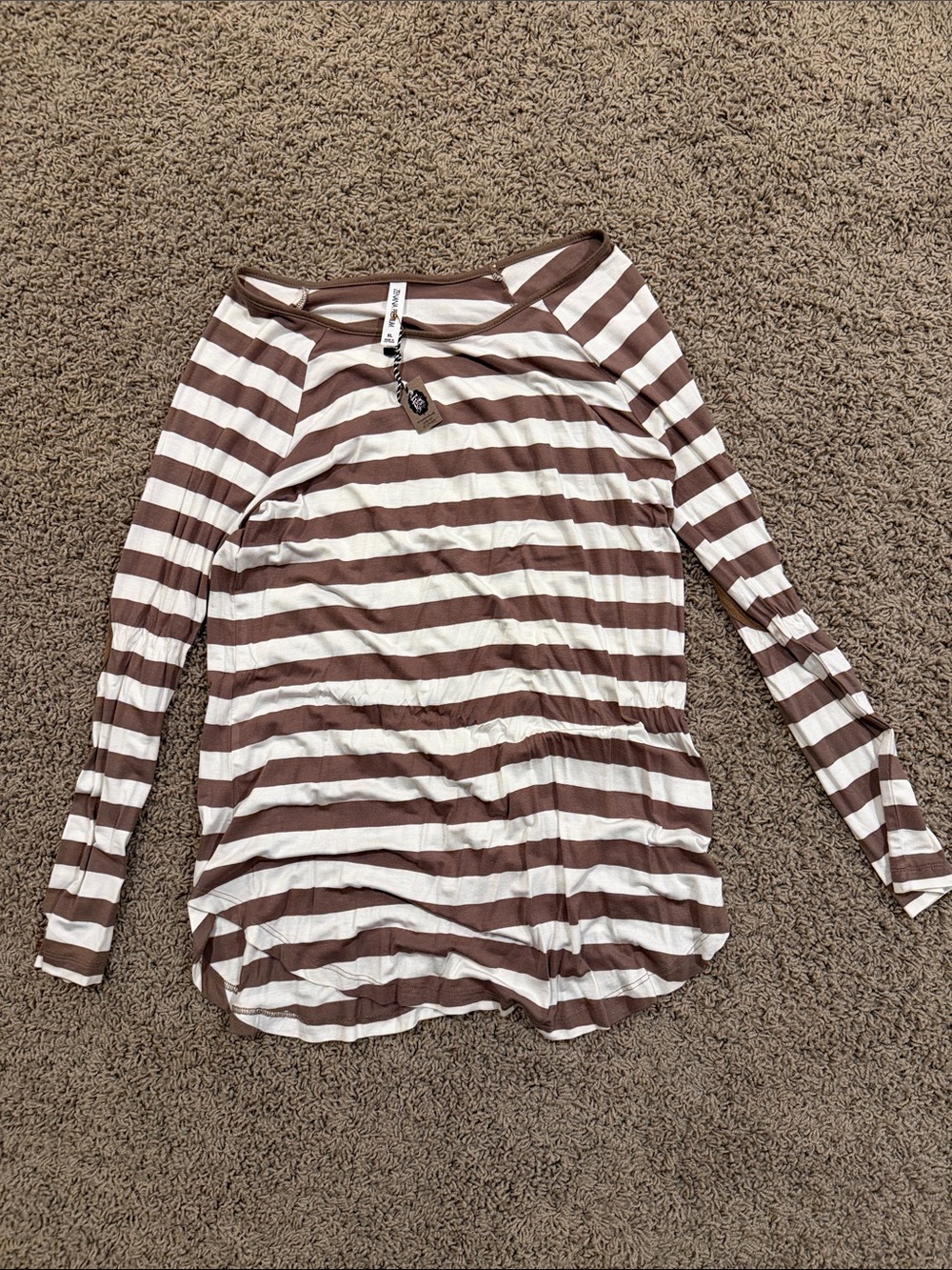 Striped Long-Sleeve Boatneck Top - Brown & White